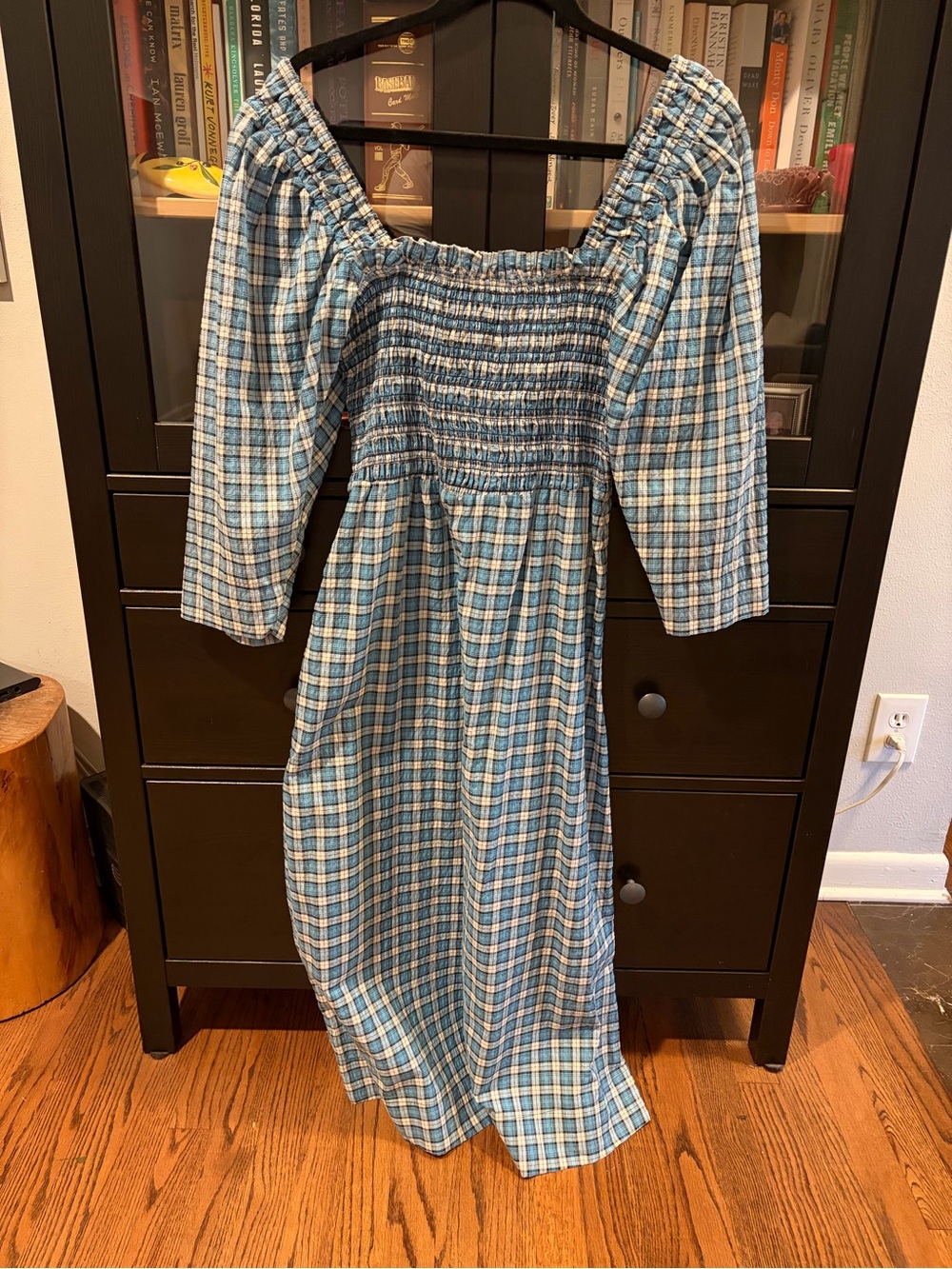 Ganni Blue Plaid Smocked Maxi Dress